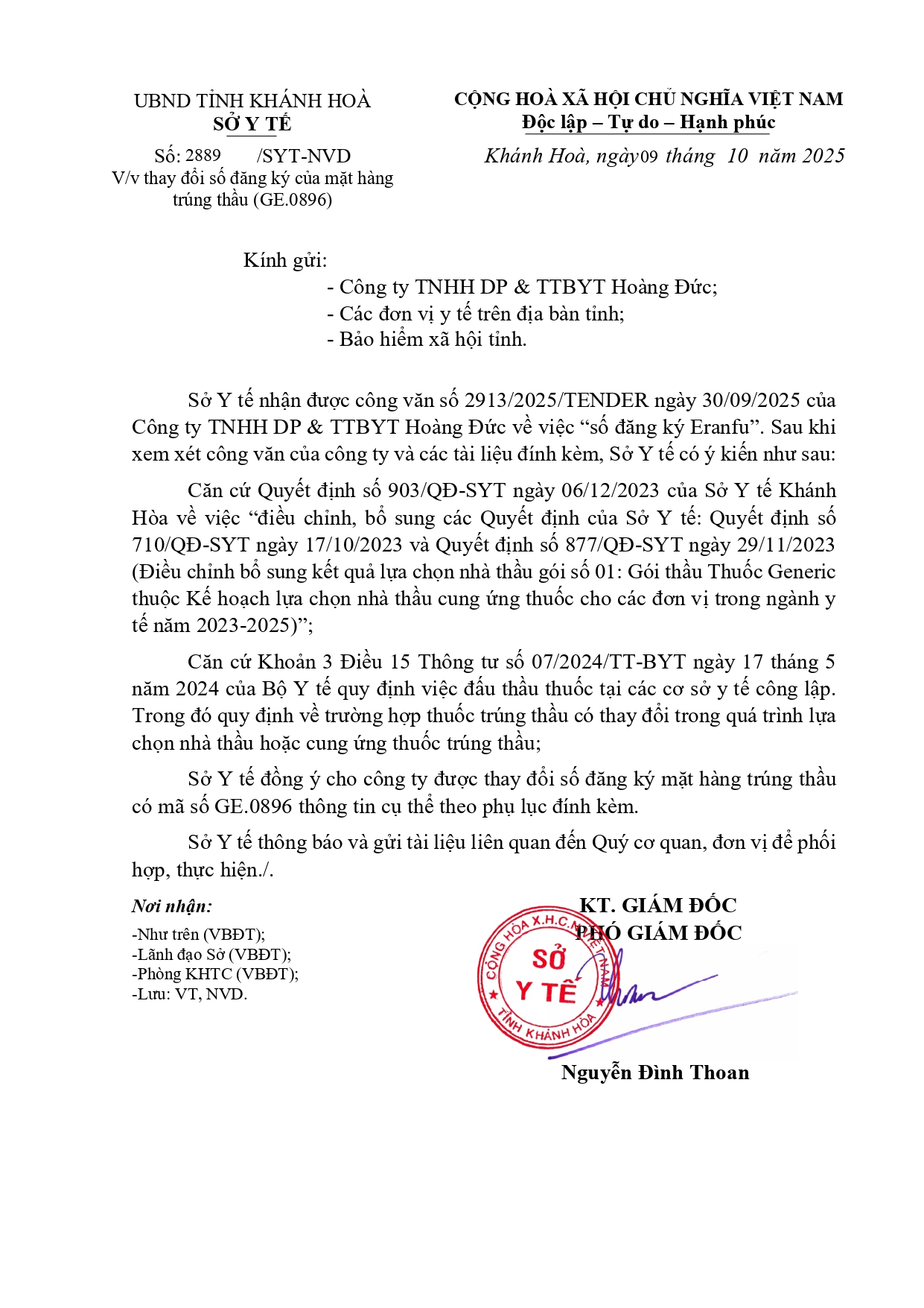 V/v thay đổi số đăng ký của mặt hàng trúng thầu (GE.0896)